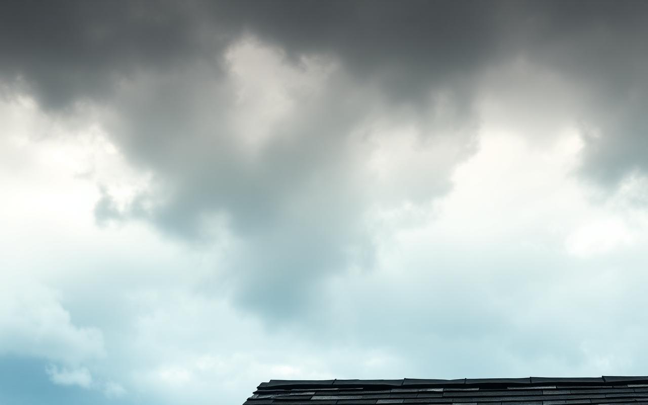 Storm clouds over a damaged Houston roof